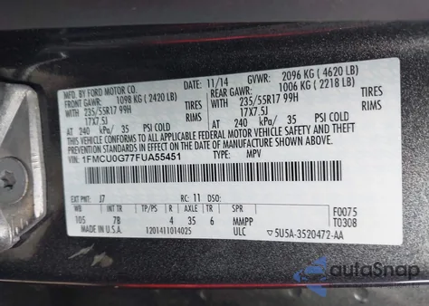 2015 Ford Escape Se из США, поврежденный, VIN 1FMCU0G77FUA55451